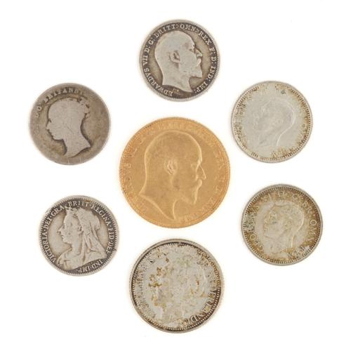 AN EDWARD VII SOVERIGN AND SIX FURTHER COINS (7)