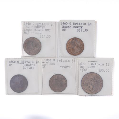 A VICTORIAN BUN HEAD PENNY AND FOUR HALFPENNIES (5)