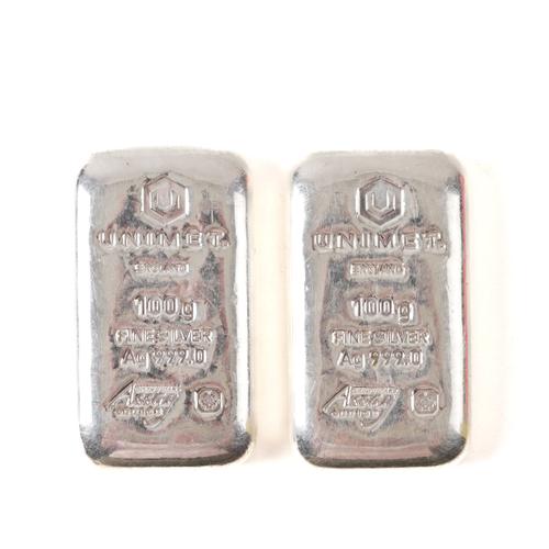 TWO UNIMET 100 GRAM FINE SILVER INGOTS (2)