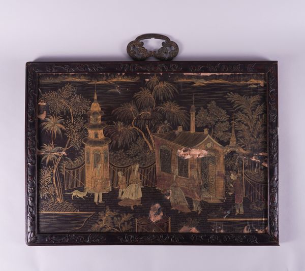 AN UNUSUAL CHINESE EUROPEAN SUBJECT LACQUERED AND GILT RECTANGULAR PANEL