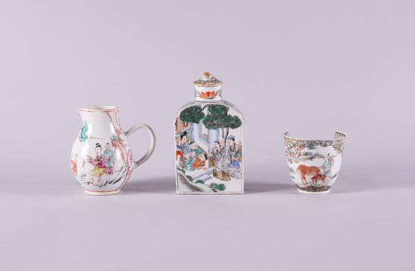 A CHINESE ARCHED RECTANGULAR TEA CADDY AND A COVER