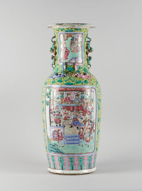 A LARGE CANTON FAMILLE-ROSE YELLOW-GROUND BALUSTER VASE