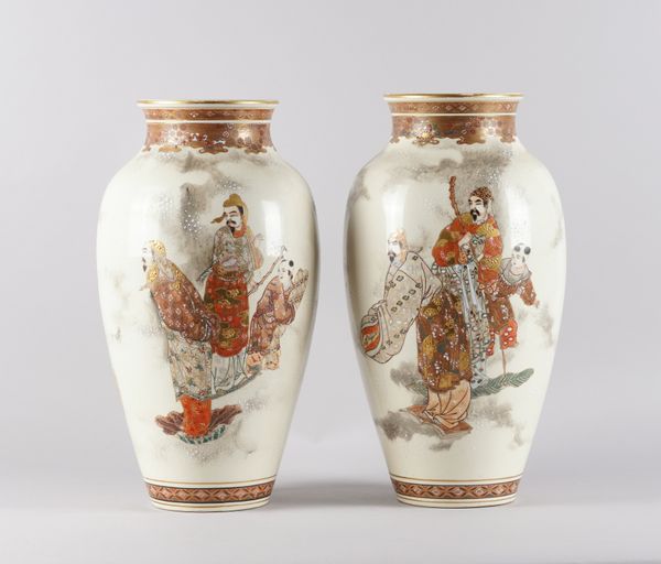 A PAIR OF TALL JAPANESE SATSUMA OVOID VASES (2)