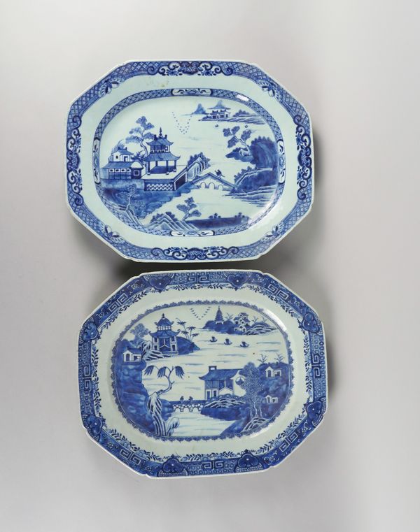 TWO LARGE CHINESE EXPORT BLUE AND WHITE CANTED RECTANGULAR SERVING DISHES