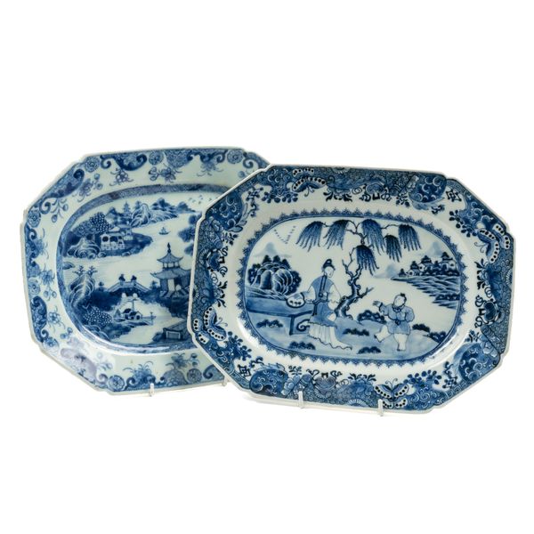 TWO CHINESE EXPORT BLUE AND WHITE CANTED RECTANGULAR DISHES (2)