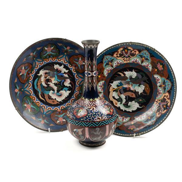 TWO JAPANESE CLOISONNE DISHES AND A BOTTLE VASE (3)