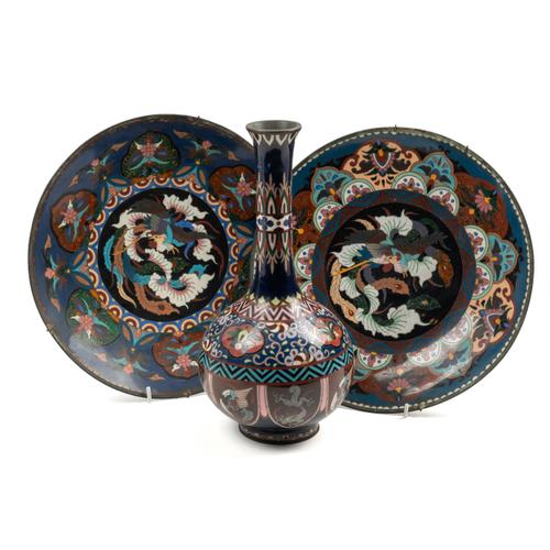 TWO JAPANESE CLOISONNE DISHES AND A BOTTLE VASE (3)
