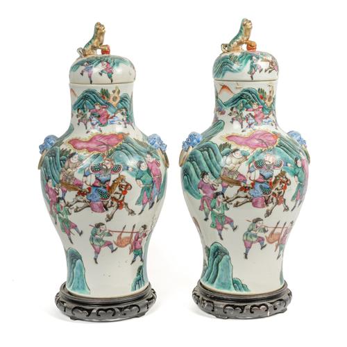 A PAIR OF CHINESE FAMILLE-ROSE BALUSTER VASES AND COVERS (6)