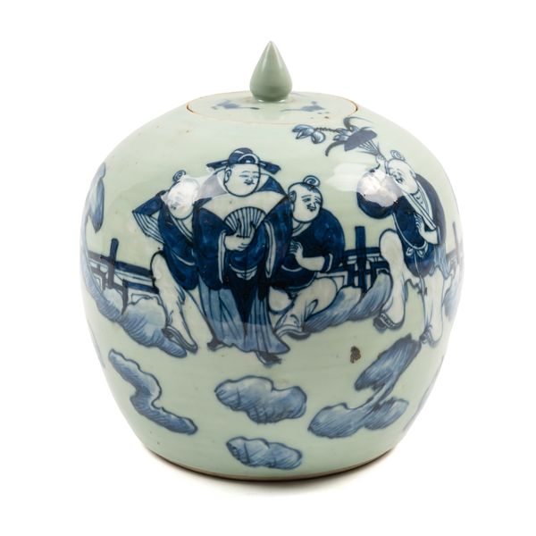 A CHINESE CELADON- GROUND BLUE AND WHITE JAR AND COVER (2)