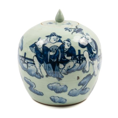 A CHINESE CELADON- GROUND BLUE AND WHITE JAR AND COVER (2)