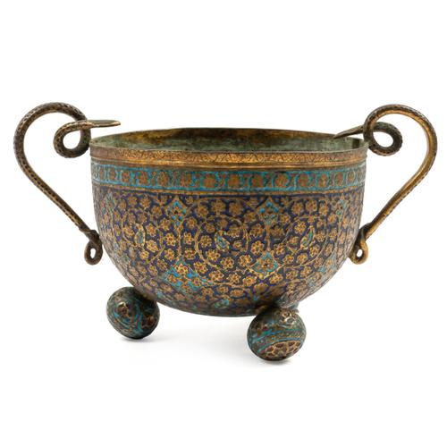 A KASHMIRI GILT AND ENAMELLED TWO-HANDLED COPPER BOWL
