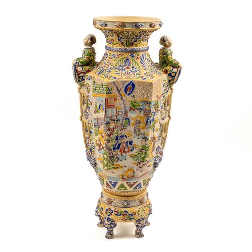 A LARGE JAPANESE MORIAGE SATSUMA TWO-HANDLED VASE AND BASE (2)