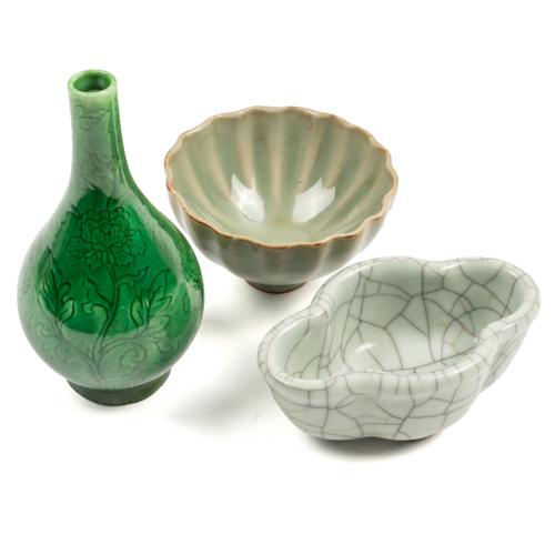 A SMALL CHINESE GREEN-GLAZED PEAR-SHAPED VASE (3)