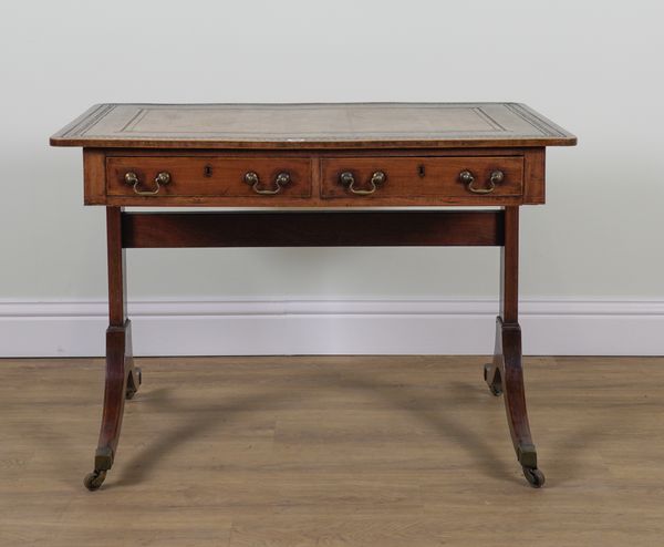 A GEORGE III MAHOGANY LEATHER INSET TWO DRAWER WRITING TABLE