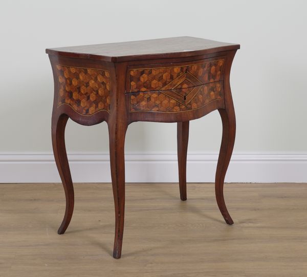 A 19TH CENTURY FRENCH FRUITWOOD PARQUETRY INLAID TWO DRAWER COMMODE