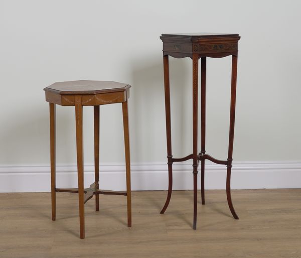 A 19TH CENTURY POLYCHROME DECORATED SATINWOOD OCTAGONAL OCCASIONAL TABLE (2)