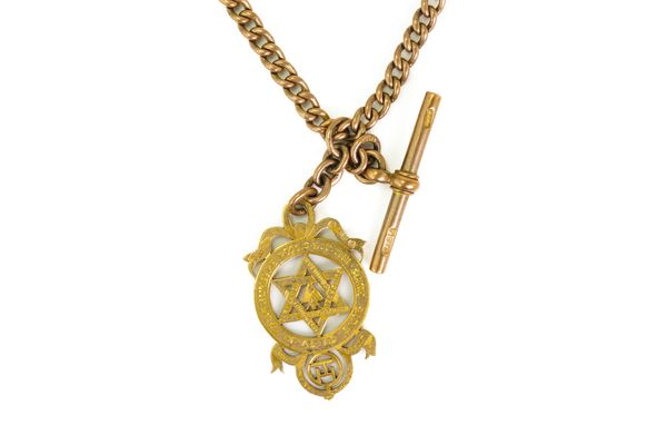 A 9CT GOLD WATCH ALBERT CHAIN WITH A 15CT GOLD MASONIC FOB MEDAL