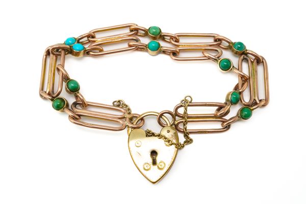 A 9CT GOLD AND TURQUOISE BAR LINK BRACELET