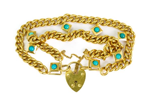 A 9CT GOLD TWO ROW CURB LINK AND TURQUOISE BRACELET