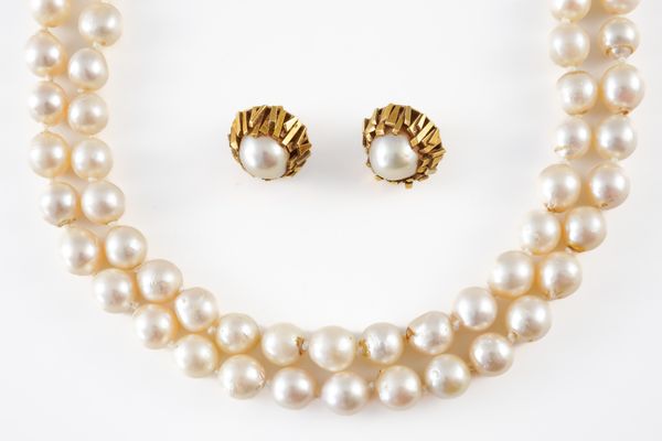 A TWO ROW CULTURED PEARL NECKLACE, TOGETHER WITH A PAIR OF 18 CT GOLD AND CULTURED PEARL EARSTUDS (3)