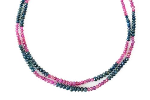 A TWO ROW SAPPHIRE AND RUBY BEAD NECKLACE