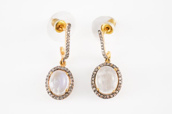 A PAIR OF RAINBOW MOONSTONE AND DIAMOND EARRINGS, BOXED