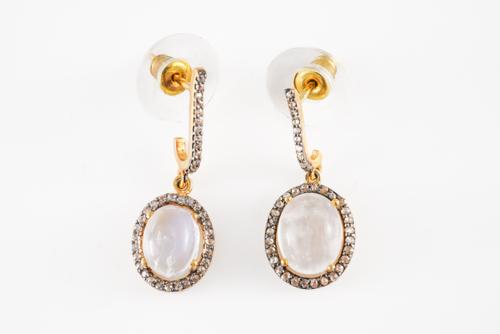 A PAIR OF RAINBOW MOONSTONE AND DIAMOND EARRINGS, BOXED