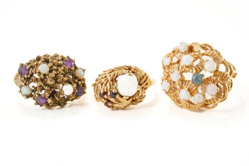 THREE GOLD, OPAL AND GEM SET RINGS (3)
