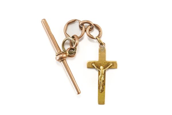 A 9CT GOLD T BAR AND A GOLD PENDANT CROSS