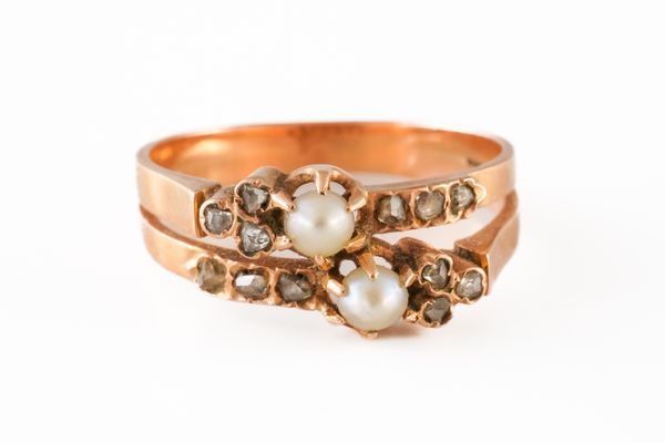 A FRENCH GOLD, CULTURED PEARL AND DIAMOND RING