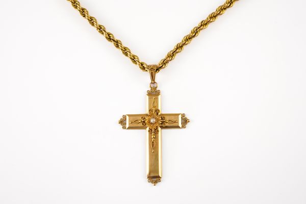 A FRENCH GOLD PENDANT CROSS AND A GOLD NECKCHAIN (2)