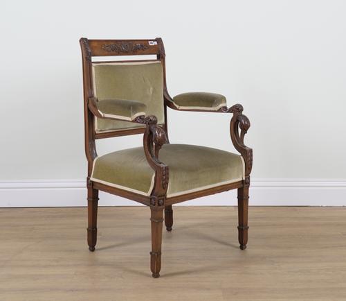 AN EMPIRE STYLE MAHOGANY FRAMED OPEN ARMCHAIR