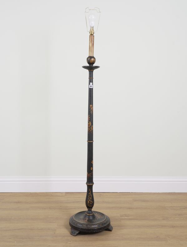 AN EARLY 20TH CENTURY BLACK LACQUER CHINOISERIE DECORATED STANDARD LAMP