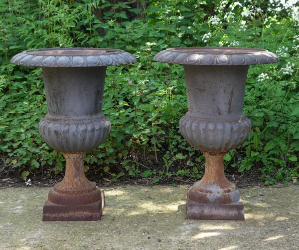 A PAIR OF EARLY 20TH CENTURY BLUE PAINTED CAST IRON GARDEN URNS