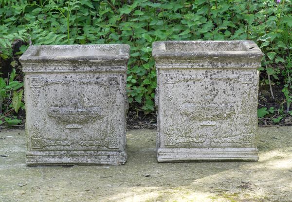 A PAIR OF WHITE PAINTED RECONSTITUTED STONE SQUARE PLANTERS  (2)