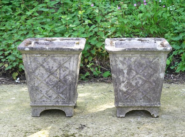 A PAIR OF RECONSTITUTED STONE LATTICE DECORATED SQUARE GARDEN POTS (2)