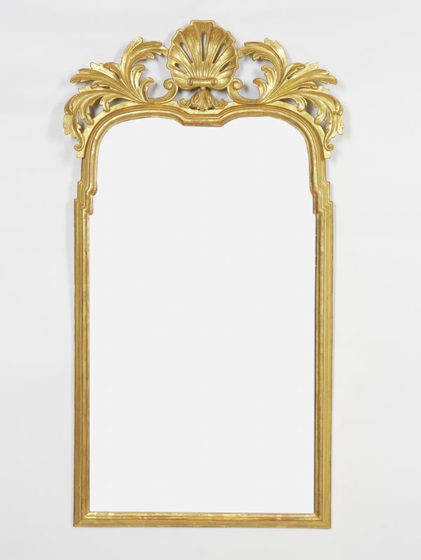 A GEORGE II STYLE GILT FRAMED ARCH TOP MIRROR (2)