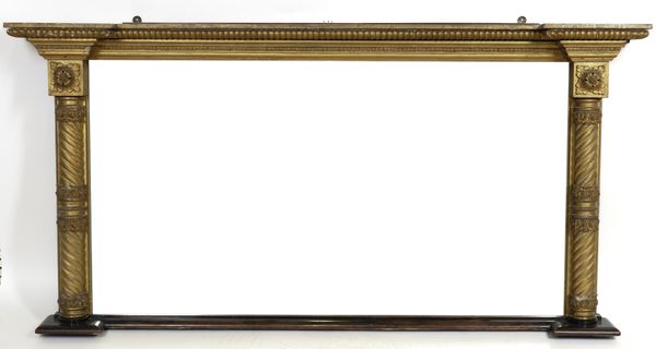 A REGENCY GILT FRAMED OVERMANTEL RECTANGULAR MIRROR WITH TWISTED COLUMN SUPPORTS