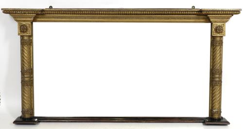 A REGENCY GILT FRAMED OVERMANTEL RECTANGULAR MIRROR WITH TWISTED COLUMN SUPPORTS