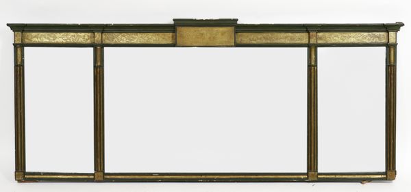 A REGENCY GREEN PAINTED PARCEL GILT DECORATED TRIPLE PLATE OVERMANTEL MIRROR