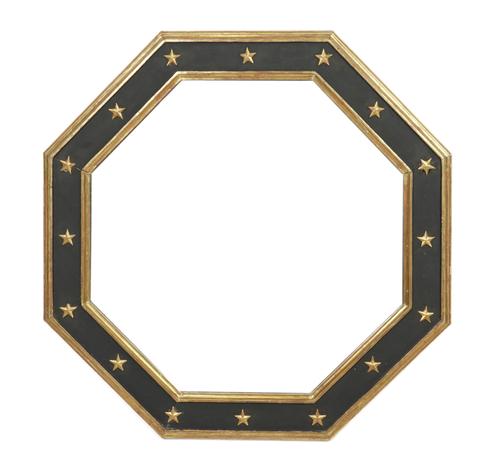 A REGENCY STYLE BLACK PAINTED PARCEL GILT DECORATED OCTAGONAL MIRROR (2)