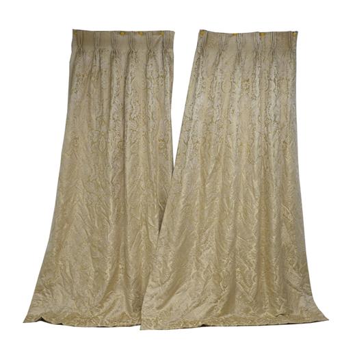 A PAIR OF DAMASK YELLOW SILK CURTAINS (2)