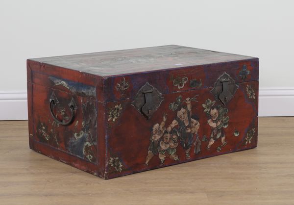 AN EARLY 20TH CENTURY JAPANESE RED LACQUER DECORATED TRUNK