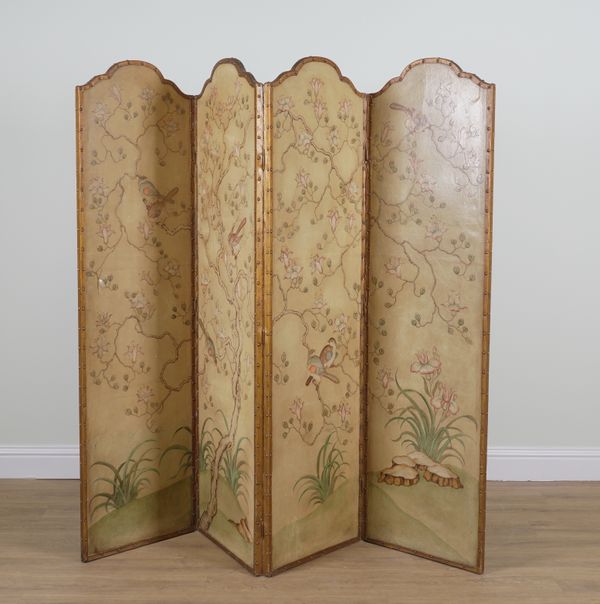 A POLYCHROME CHINOISERIE DECORATED FOUR FOLD SCREEN