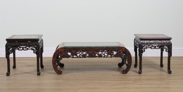 A PAIR OF LATE 19TH CENTURY CHINESE EXPORT CARVED HONGMU SQUARE LOW TABLES (3)