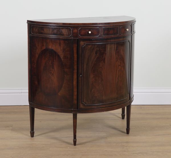 MAPLE & CO; AN 18TH CENTURY STYLE MAHOGANY DEMI LUNE SINGLE DRAWER SIDE CUPBOARD