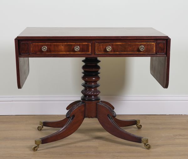 A REGENCY MAHOGANY EBONY LINE INLAID DROP FLAP TWO DRAWER SOFA TABLE