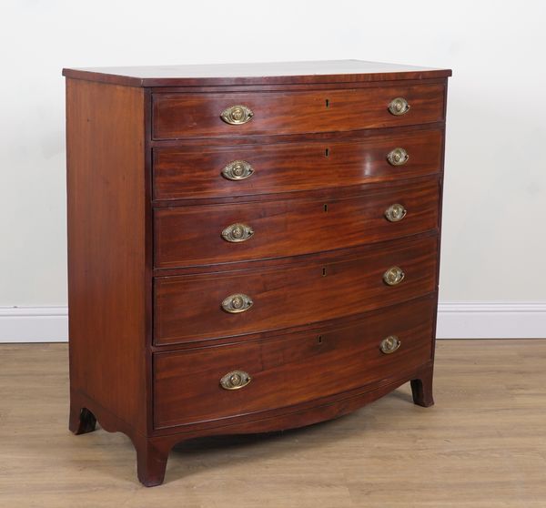 A REGENCY INLAID MAHOGANY BOWFRONT FIVE DRAWER CHEST