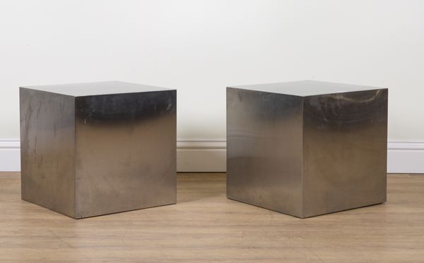 A PAIR OF CHROME CUBE SIDE TABLES (2)