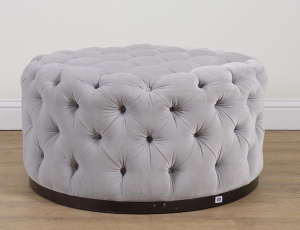 SWEETPEA & WILLOW; A LIGHT GREY BUTTON UPHOLSTERED CIRCULAR FOOTSTOOL